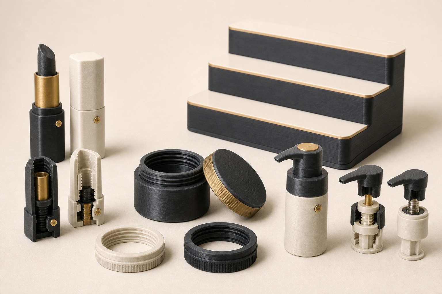 A family of graphite, ivory and gold FDM printed cosmetic packaging prototypes