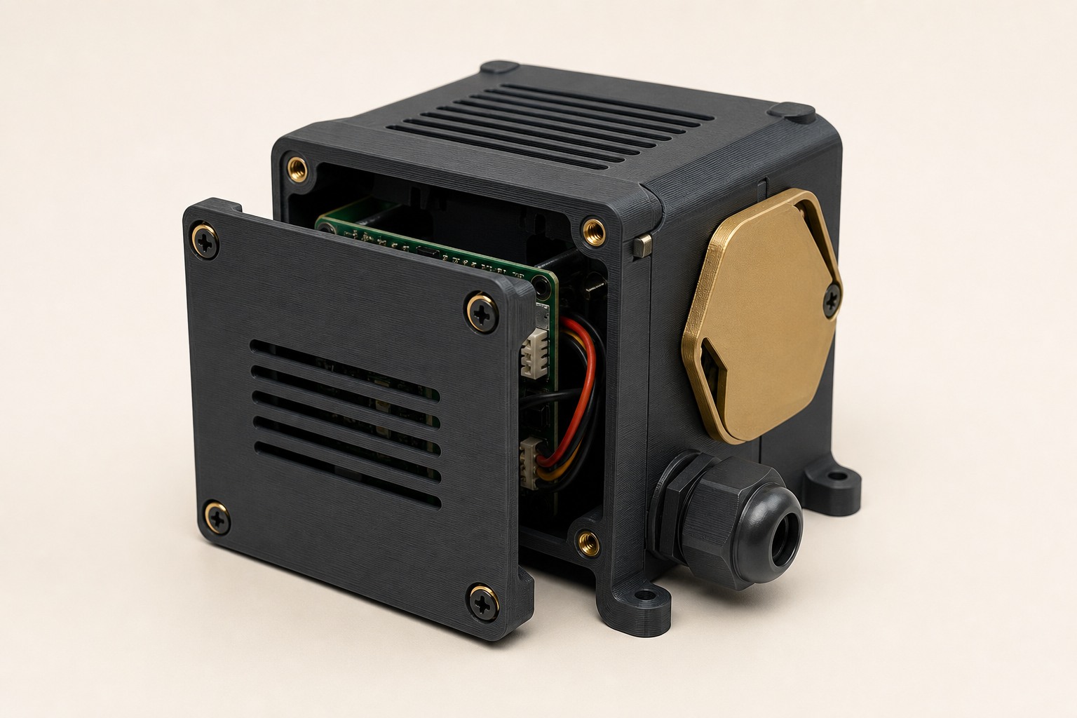 A graphite FDM printed electronics enclosure with a removable panel, cable gland and visible controller board