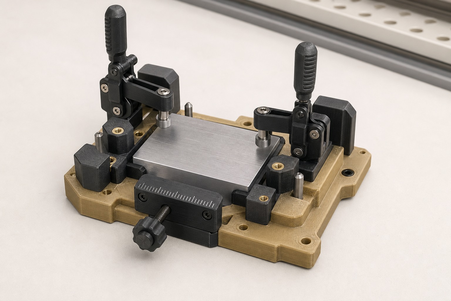 A gold and graphite FDM printed assembly jig holding a brushed aluminum workpiece