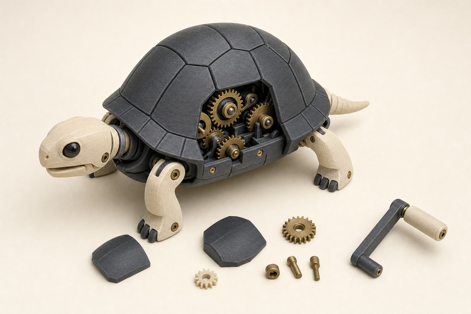 A graphite and ivory FDM printed mechanical tortoise kit with visible gold gears and a hand crank